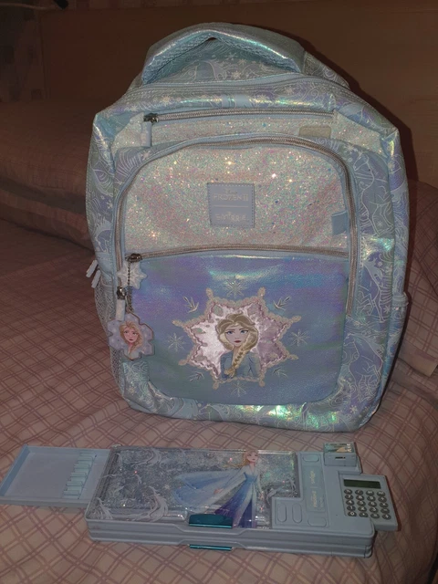 Stunning Kids Smiggle Frozen Elsa Large Glittery Backpack Rucksack & Pencil Case