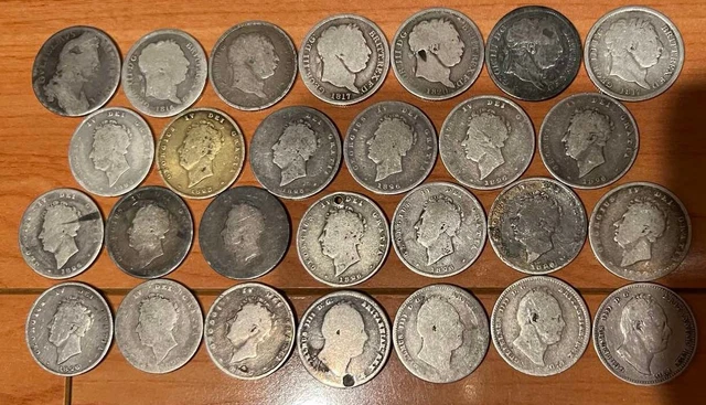 1816-1835 .925 Silver Shillings Lot Of 26 George Iii, George Iv, William Iv 1816-1835 .925 Silver Shillings Lot Of 26 George Iii, George Iv, William Iv