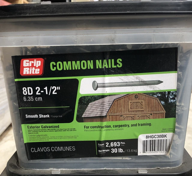30Lb Box Grip Rite 8D 2-1/2"  Common Nails Smooth Galvanized Approx 2693 Pcs