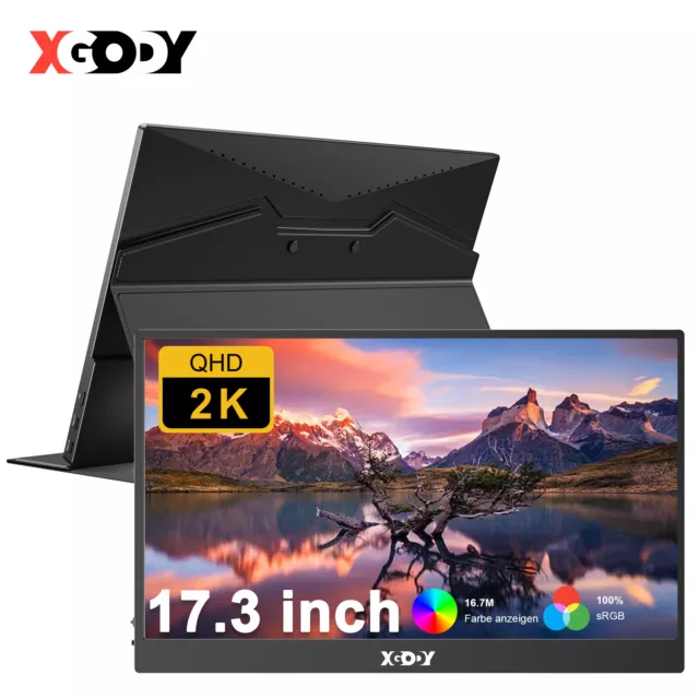 XGODY 17,3" Tragbarer Monitor 2K 1080P HDR 400 cd/m² Bildschirm für Laptop Mac