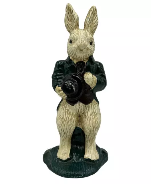 Cast Iron Door Stop White Rabbit Hare Bunny  Green Jacket Top Hat 8" H Garden