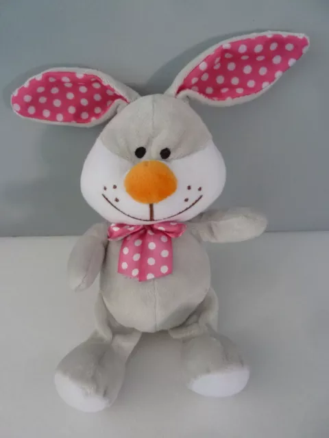 L4. DOUDOU PELUCHE LAPIN FIZZY gris noeud rose pois blanc  21cm - ETAT NEUF *