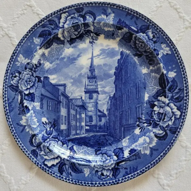 Late 1800's Wedgwood 9 1/4" Old North Church Blue White Transferware Plate