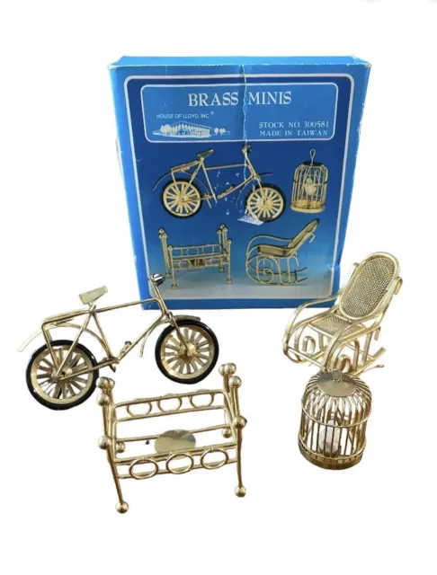 House Of Lloyd Brass Miniatures Set Bike Rocker Bird Cage Crib Mini Dollhouse