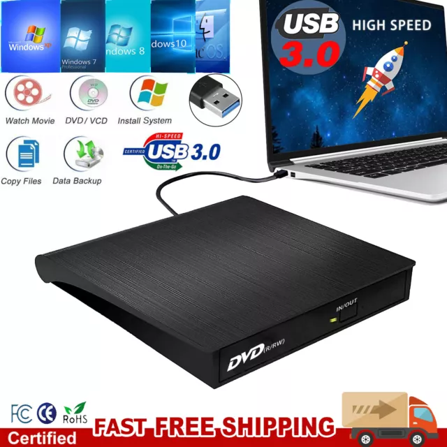 Portable USB 3.0 External CD DVD Drive Burner Writer Player for Laptop Computer