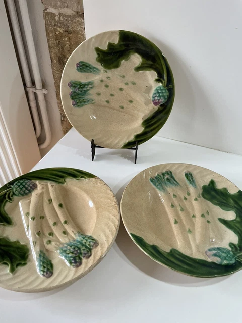 Lot De 3 Assiettes Anciennes En Faïence Salins Auxonne, Motif Asperges, Vintage Années 1920