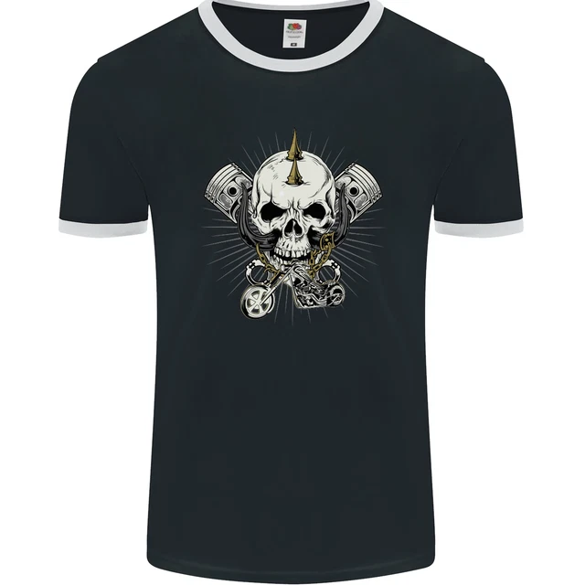 Piston Skull Motorcycle Motorbike Biker Mens Ringer T-Shirt FotL