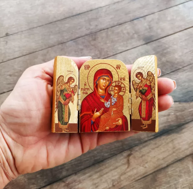 Mini tríptico Virgen María y Jesús con Arcángeles Icono ortodoxo para mesa...