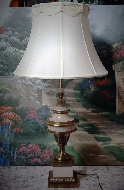 Classic Vintage Tall Brass Cream Colored Stiffel Table Lamp MCM Hollywood Regenc