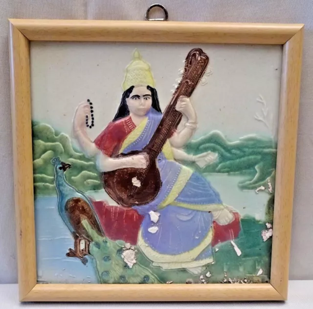 Antique Tile Saraswati Raja Ravi Varma Painting Subject Art Majolica India # 385