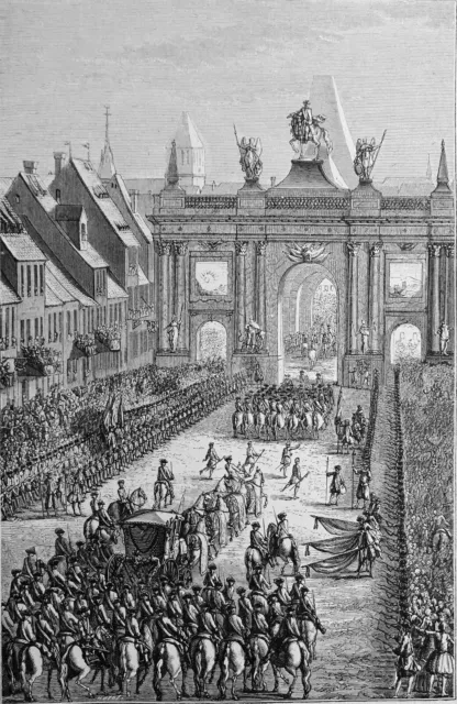 Entrée de LOUIS XIV dans la ville de STRASBOURG pour sa convalescence - Gravure