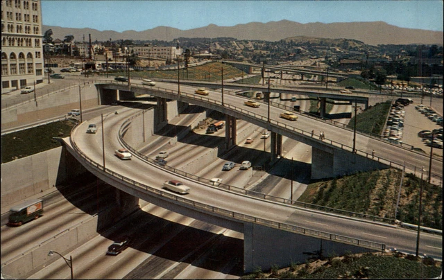 Los Angeles California Harbor Freeway aerial view 1950s cars ~ postcard sku201