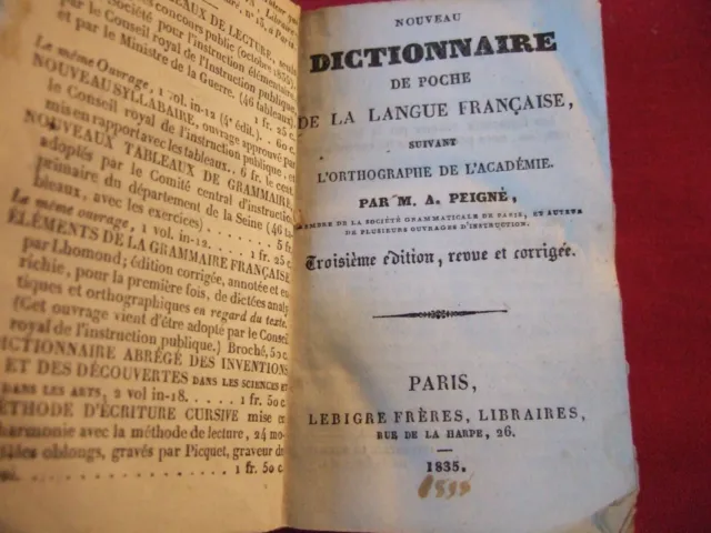 lot livres anciens,1835,1volume, Dictionnaire de Poche Langue Française, Complet