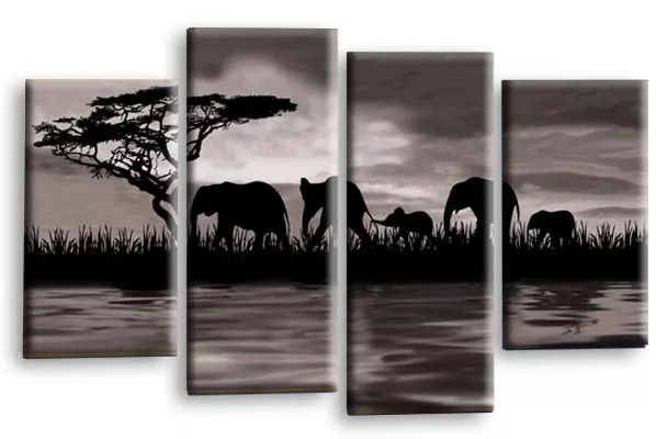 ELEPHANT Art Print Grey Black SUNSET Africa Framed Split Canvas Wall Picture