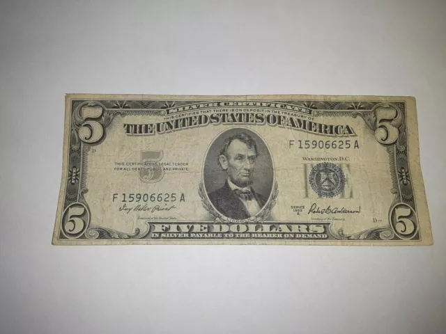 1953-A US 5 Five Dollar Bill Silver Certificate Blue Seal Collector Note NICE