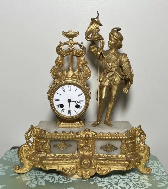 Antique French Figural Mantle Clock Marked Medaille D’Argens Vincenti 1855 READ