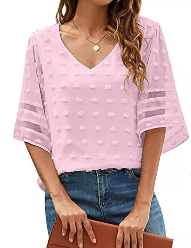 Blooming Jelly Womens Dressy Chiffon Blouses V Neck Bell Sleeve Shirts Pom Pom