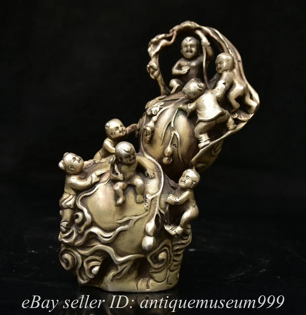 6.6" Marked Antique Old Chinese Copper Silver Dynasty Gourd Tongzi Boy Statue