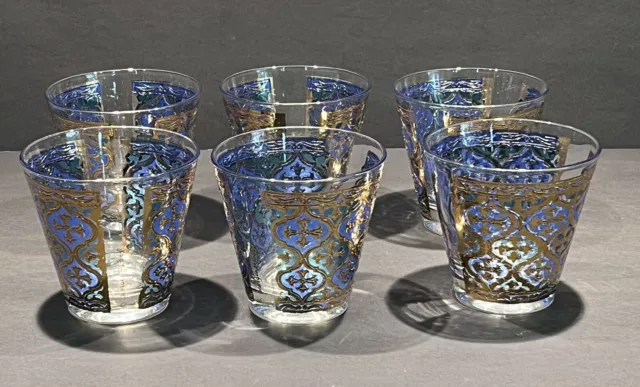 Vintage Georges Briard MCM (6) Firenza Glasses Cobalt & Teal Blue 22k Gold 3.5"