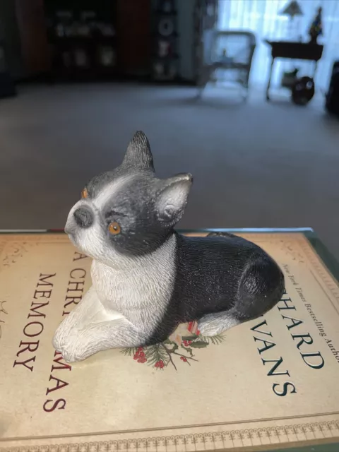 Vtg BOSTON TERRIER DOG Figurine 4x3 Laying Statue Sm 1986 Bendene Christmas Gift