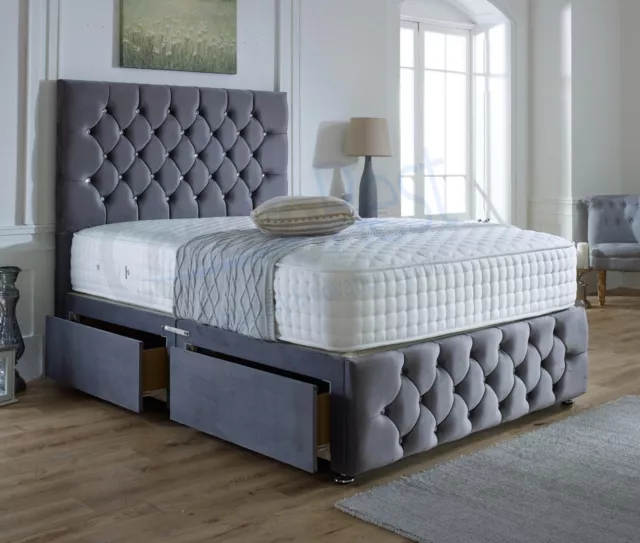 Plush Velvet Chesterfield Divan Bed Set, Luxury Memory Pocket Mattress Option