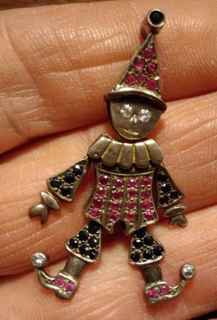 Vintage Silver Jester Clown Necklace Pendant Gemmed Harlequin Jointed Moveable