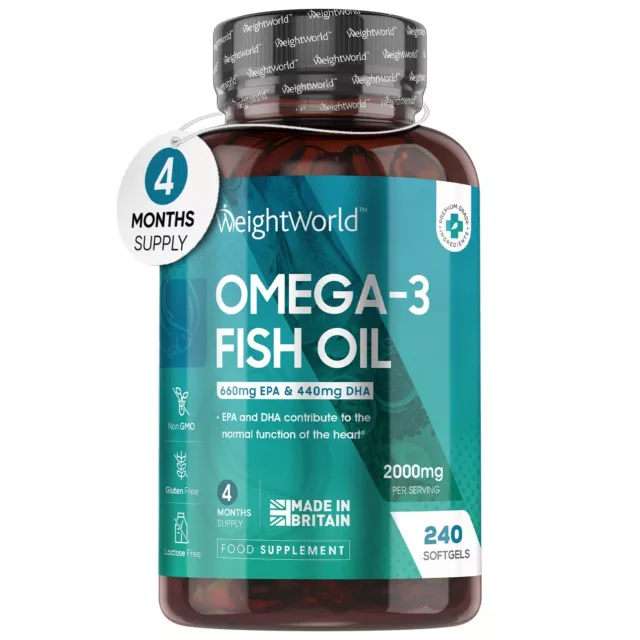 Omega 3 Fish oil - 240 Softegls - 2000mg High Dose - Heart health - Circulation