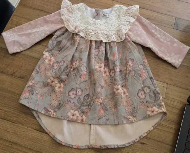 Arthur Ave Size 0 Baby Girl Long Sleeve Dress 100% Cotton Vintage Fabric Design