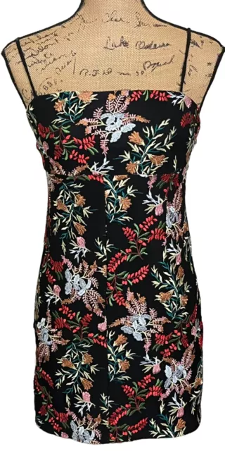 Urban Outfitters Size 8 Spaghetti Strap Mini Dress Black Embroidered Floral