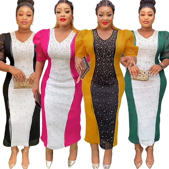 Abito lungo africano dashiki da donna bodycon festa strass abito sciolto