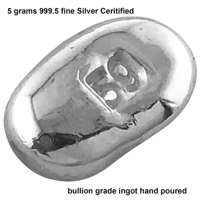 5 Grams 999.5 Fine Grade Silver Bullion Investor Quality Ingot Bar Hand Poured