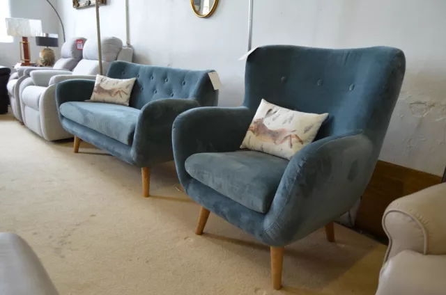 Shaw Sofa and Armchair Set Blue Velvet 1960's Style 2 Seater Suite Made to Order