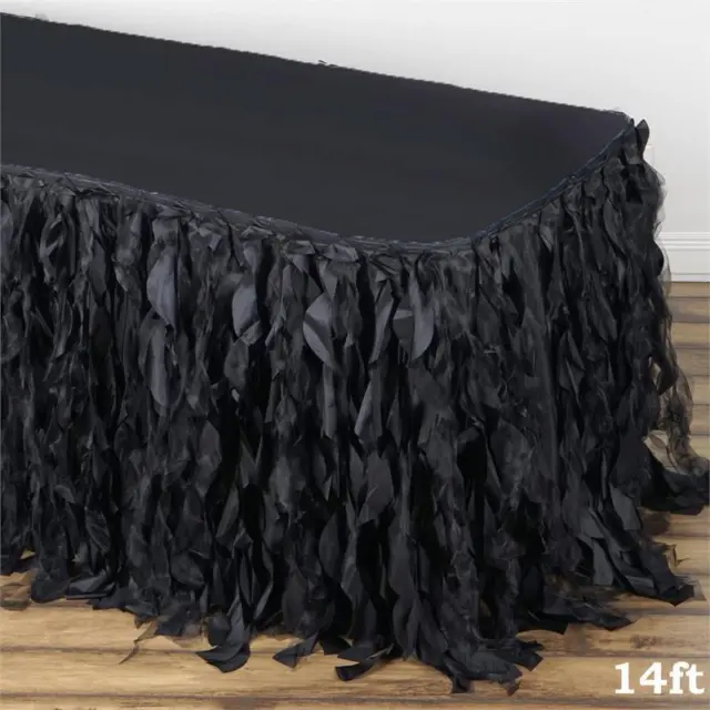 14 ft Black CURLY TAFFETA TABLE SKIRT Wedding Party Catering Trade Show Banquet