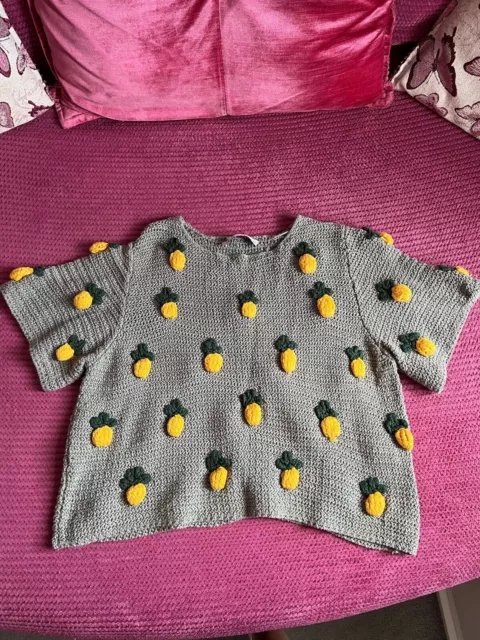 Grey And Yellow Women’s Pineapple Crochet Look Jumper From Zara Size S