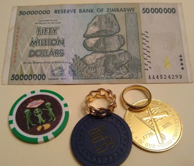 JUNK DRAWER LOT 6 & 8 gold bands, Zimbabwe note, UFO casino chips