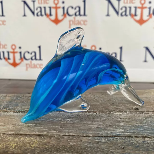 Glass Blue Dolphin Figurine, Hand Blown Nautical Paperweight, Coastal Fish Decor