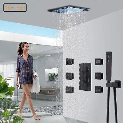 16'' Black Thermostatic LED Shower Faucet Combo Set Massage Rainfall Head System