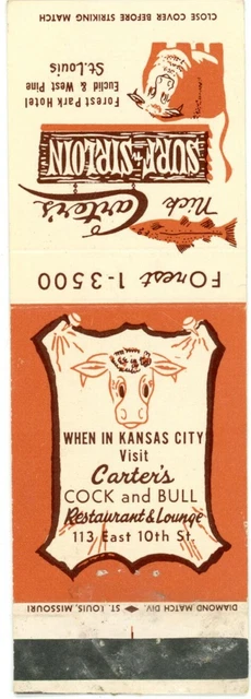 Cock & Bull, Restaurants & Lounge Carter's Surf Sirloin Vintage Matchbook Cover