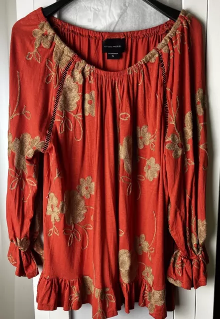 Liv Los Angeles Women’s Size XL Orange Blouse With Tan Embroidery Long Sleeve