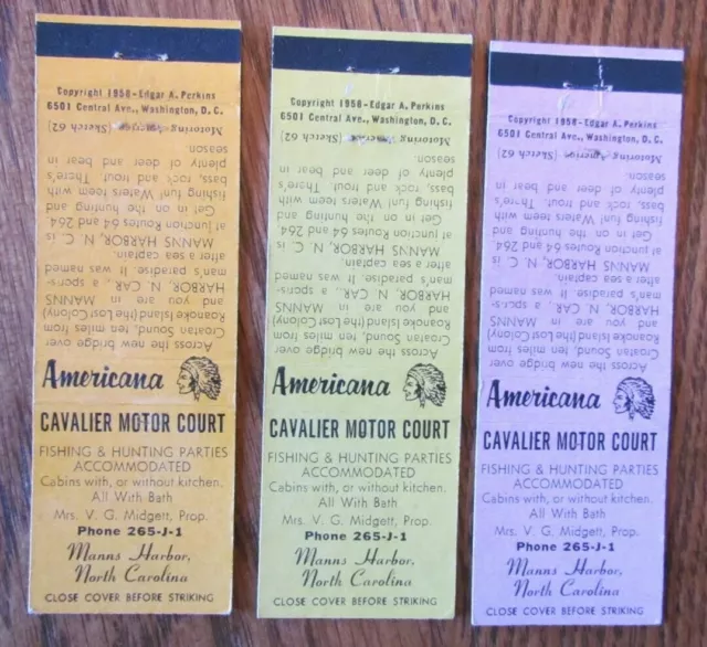 Cavalier Motor Court Manns Harbor Nc Perkins Americana Matchbook Matchcovers E17