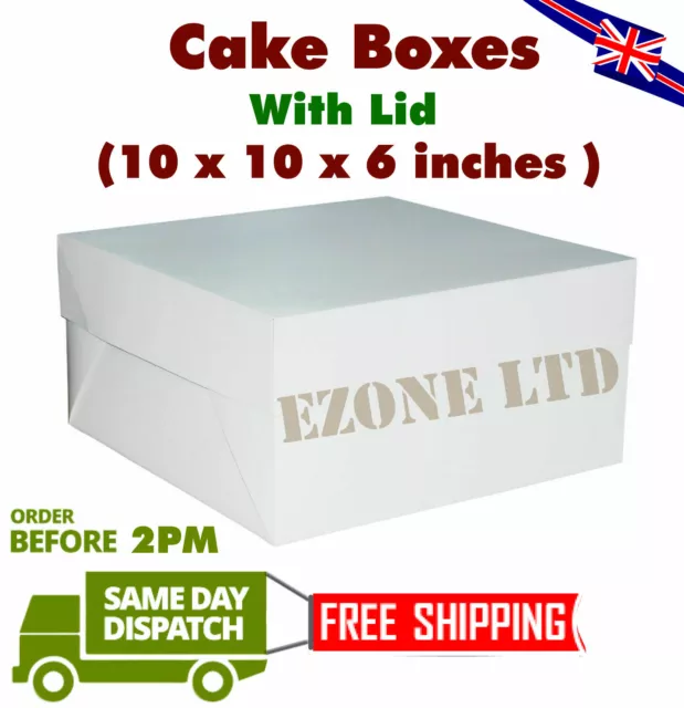 White Cake Box & Lid Square 10 x 10 x 6 inches Pack of 10 ideal Wedding Birthday