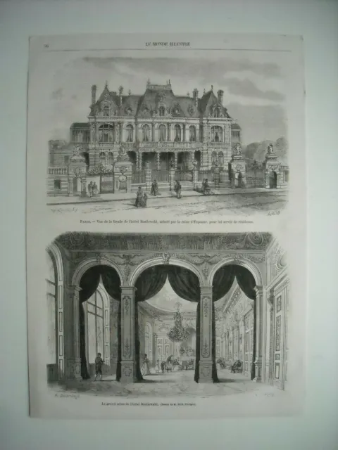 Gravure 1869.  Paris. Facade De L’hotel Basilewski. Grand Salon Hotel Basilewski