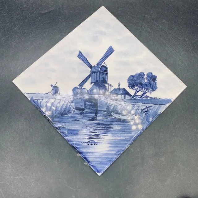 Molino de viento flamenco Delft azul Syle 6"" x 6"" diseño de diamante pintado a mano