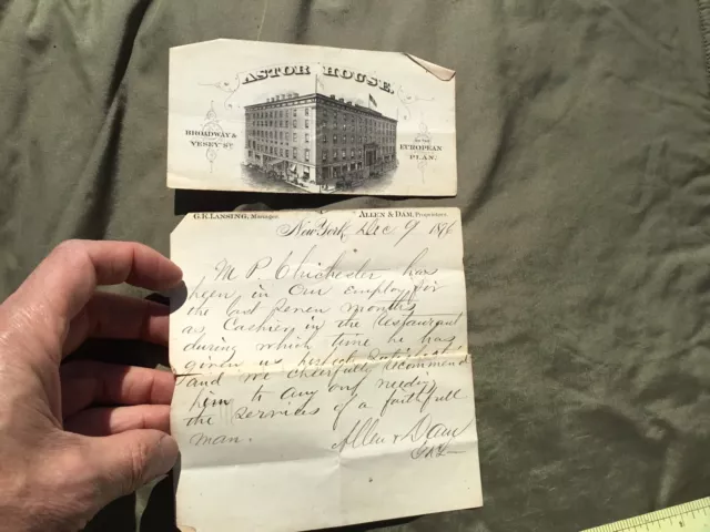 Original 1876 Astor House Hotel Nyc Letter Of Recommendation On Letterhead