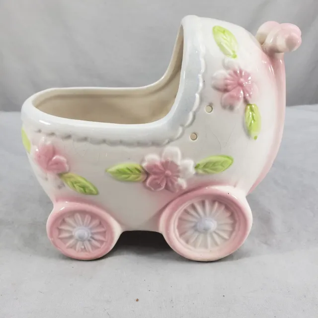 Vintage Japan Baby Buggy Nursery Planter With Pink Flowers & Ribbon Holes