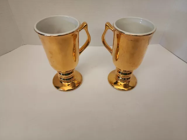 Set of 2 Vintage Hall Pottery # 1273 Gold Footed Pedestal Irish Coffee Mugs Cups