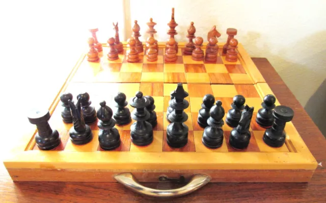 Cool Vintage Hand Carved French Chess Set With Folding Case Board Felted Amazing