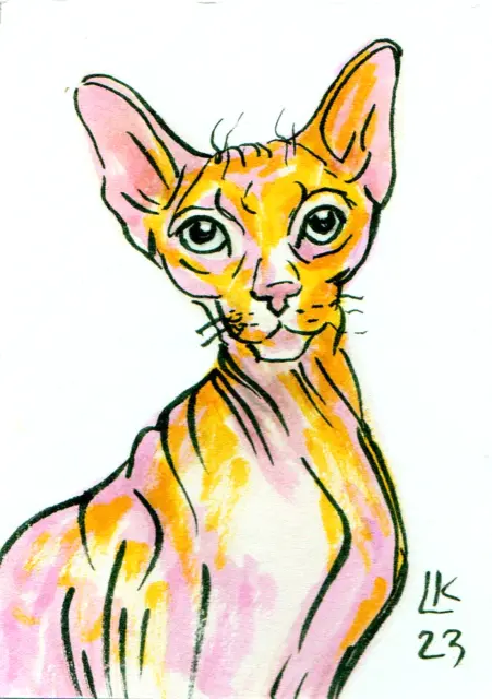 Sphynx Cat Portrait Pet Feline Original Painting ACEO Art Card 2.5 x 3.5 Signed