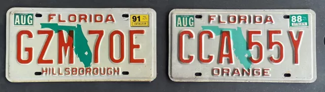 Vintage Late 1980’s Florida License Plate Tags / Orange & Hillsborough Co.