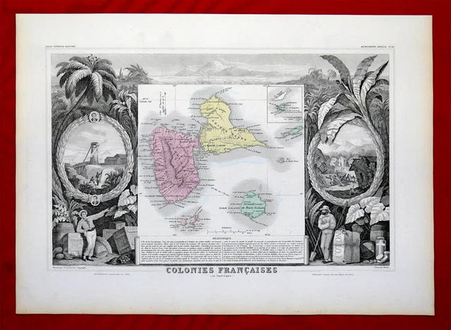 Carte Gravée De La GUADELOUPE Originale De 1866 - Sur Acier, Sur Papier - Format 38x53 Cm